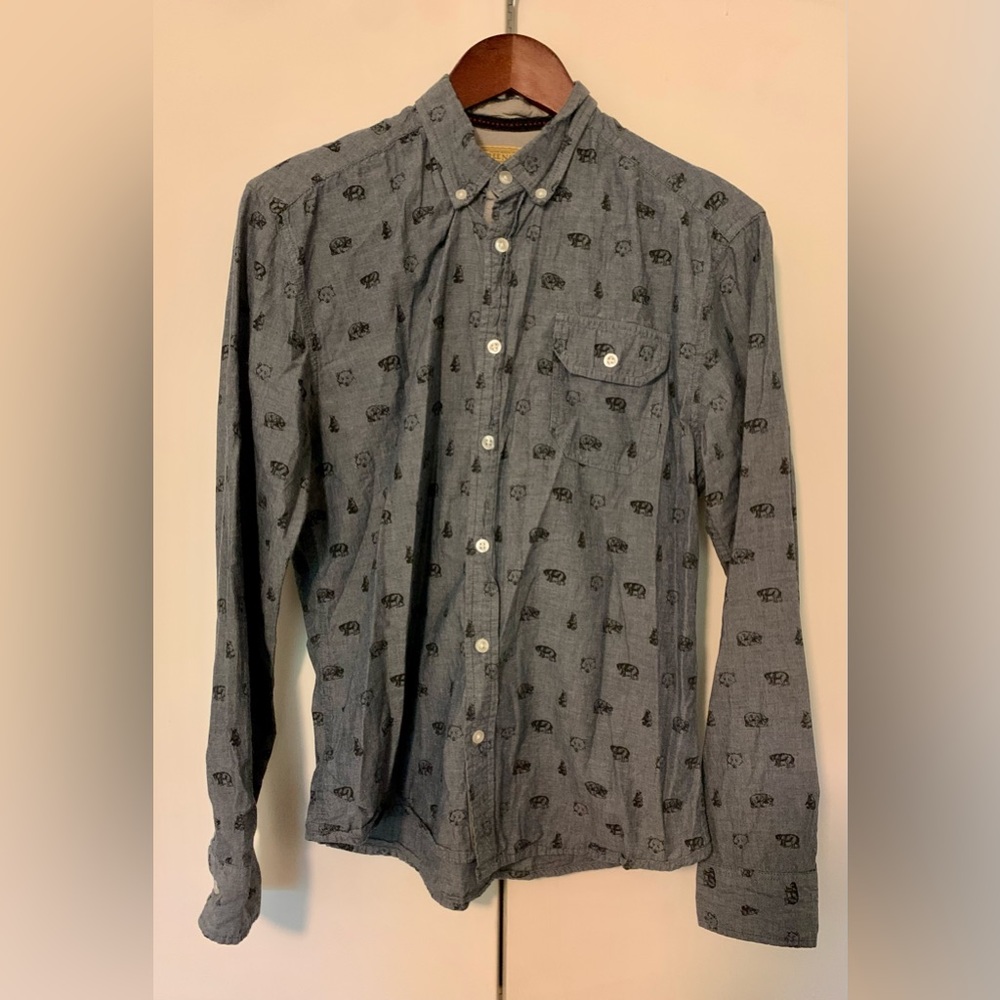 Anthropologie Free Nature bear print denim chambray button down shirt
